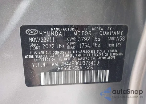 2012 Hyundai Elantra Limited (Ulsan Plant) from USA, damaged, VIN KMHDH4AE8CU373419